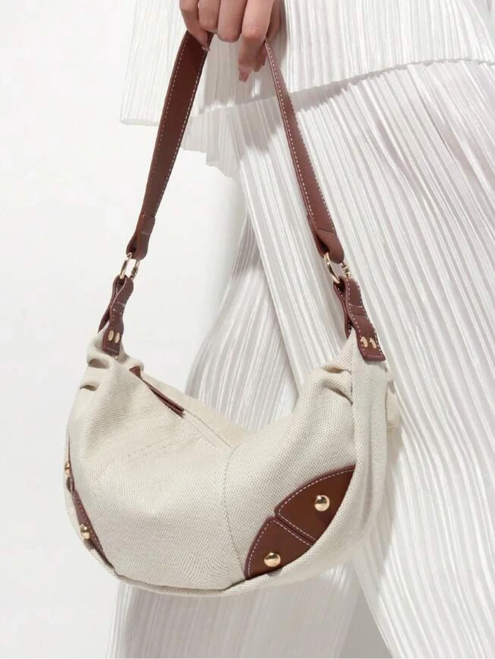 Cream Hobo Bag with Brown Trim